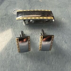 Elegant Silver and Gold Cufflinks and Tie Clip Set